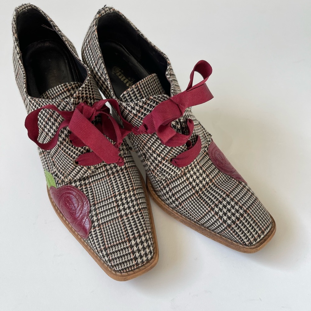 Ginita - Plaid lace up square toe heel with leather flower embellishment.